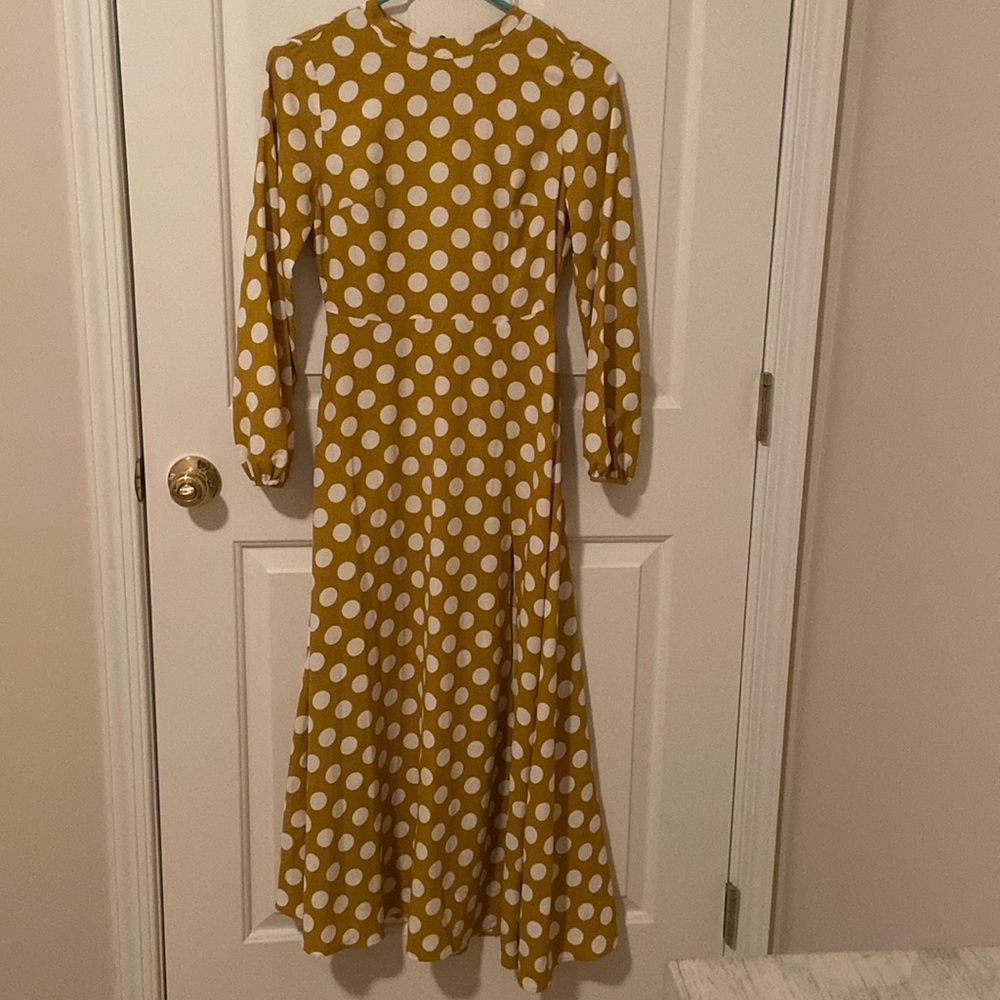 TopShop mustard/white polka dot midi dress